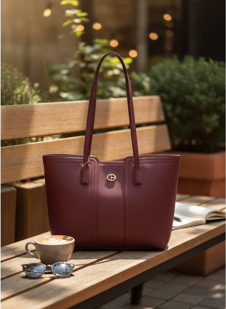 FUMES Wine red Structured Tote Bag – Premium Leather Women’s Shoulder Handbag - Image 2